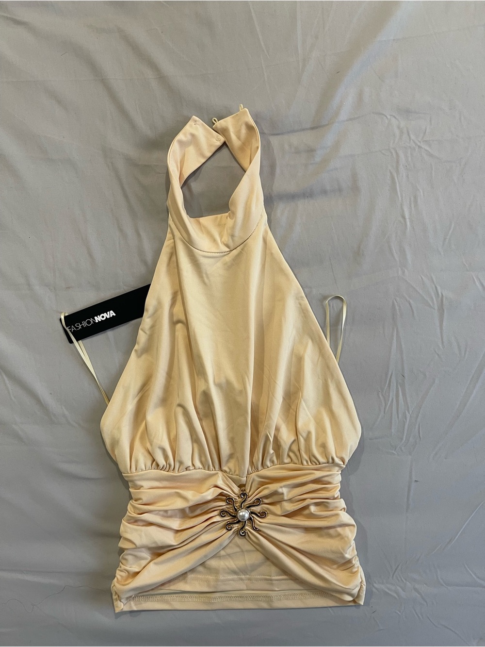 Fashion Nova Cream One-Shoulder Ruched Waist Dress